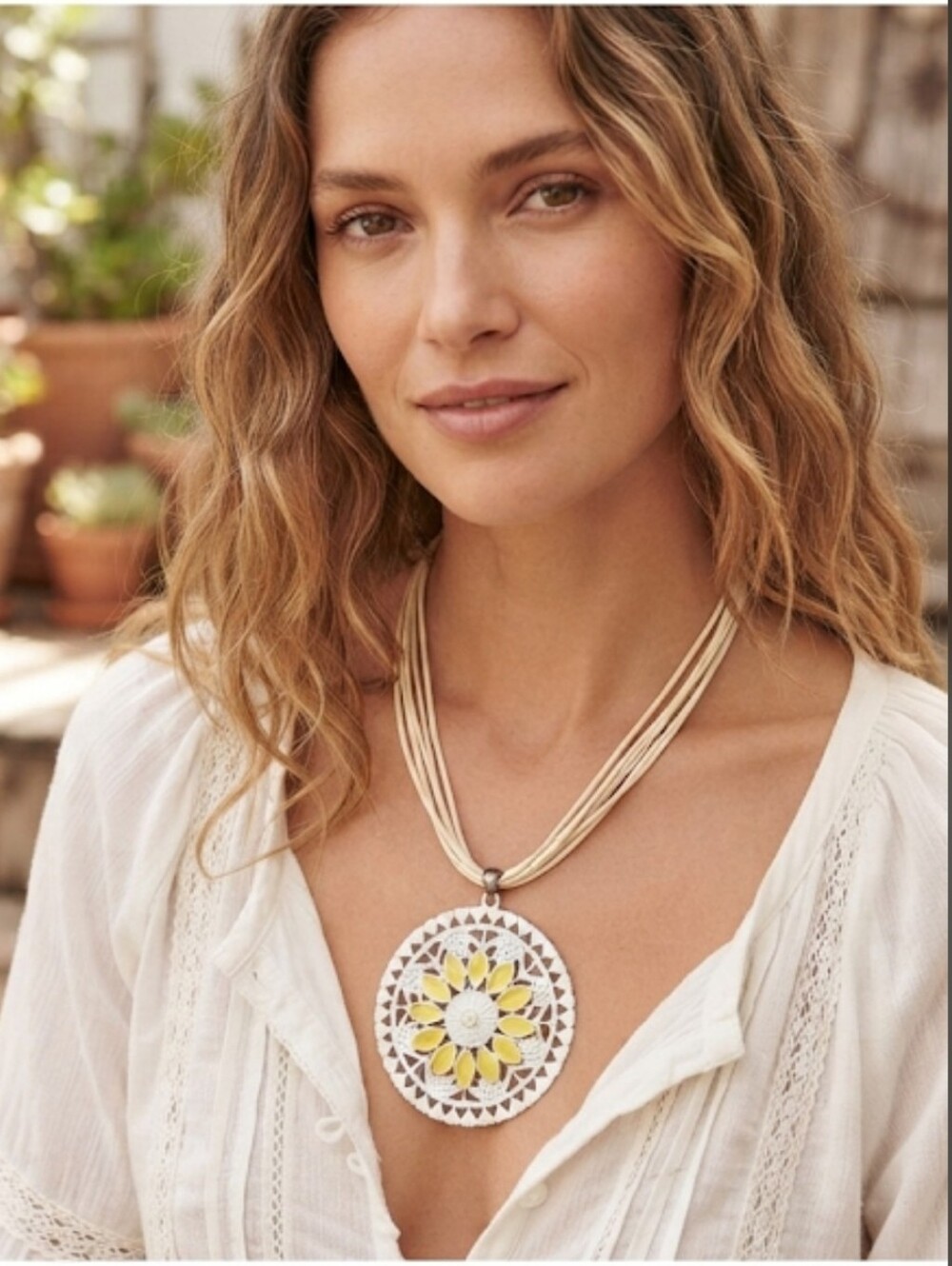 White/Yellow Enamel Sunflower Filigree Boho Statement Necklace Multi-StrandCord